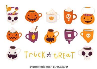 Cute halloween set with illustrations of mugs with hot cocoa, coffee, milk, cream on white background. Perfect for greeting cards, party invitations, posters, stickers, pin, scrapbooking, icons 