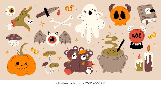 Cute Halloween set for kids with different elements for design. ghost, pumpkin, witchs cauldron, skull, gouged eye, voodoo doll, knife, zombie hand, candles. Vector stock hand drawn illustration.