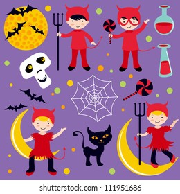 Cute Halloween set with kids dressed as red devils