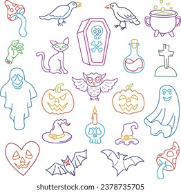 Cute Halloween set for kids. Perfect for scrapbooking, invitation, greeting card, poster design. Cute hand drawn doodle elements.Funny creative line art.Kids scribble style.Trendy naive drawings.
