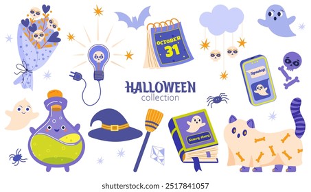 Cute Halloween set for kids. Potion, cat character, creepy ghost, skull and bones, phone, October 31 calendar, bouquet with skulls. Stickers, patches, set of design elements. Vector illustrations