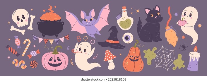 Cute Halloween set. October holiday collection. Halloween characters in childish style.
