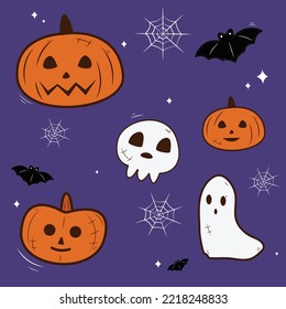cute halloween set party. vector for halloween. pumpkin, ghost, bat, spider web on purple background