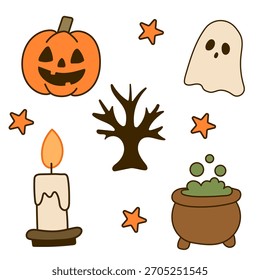 Dia das bruxas bonito com abóbora, fantasma e vela.