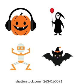 Cute Halloween Set, Pumpkin with Headphones, Grim Reaper, Dancing Mummy And Witch Bat Vector Illustration.