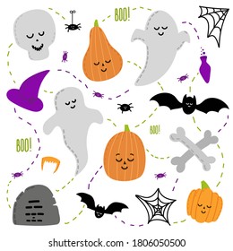 Cute Halloween set with scarry day symbols. Funny cartoon Ghost, pumpkin, poison bottle, jaws, witch hat are on white background