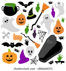 Cute Halloween set with scarry day symbols. Funny cartoon Ghost, pumpkin, poison bottle, jaws, witch hat are on white background.