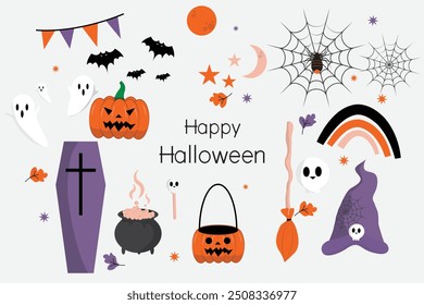 Bonito conjunto de Halloween. caveira, aranha, sepultura, cabeça de abóbora, personagens e elementos para halloween em estilo de desenho animado.