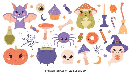 Cute halloween set with spooky characters on a white background
