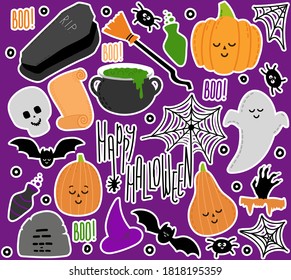 Cute Halloween set with stickers of scarry day symbols. Funny cartoon Ghost, pumpkin, poison bottle, jaws, witch hat are on white background.