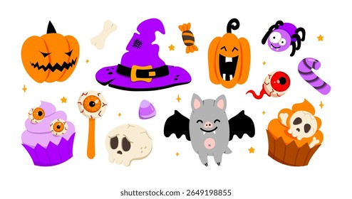 Cute Halloween set. Vector cute orange and violet pumpkins, eye lollypop, candy cane, cupcake, skull, bone, witch hat, bat, spider. Funny scary cartoon trick or treat holiday clip art, magic elements.