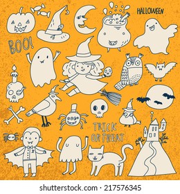 Cute Halloween set in vector. A lot of scary holiday symbols in beautiful cartoon style