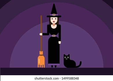 cute halloween set witch with black cat and a broom