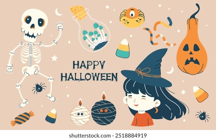 Cute Halloween set. Cute witch character, pumpkin, spider cookies, skeleton, mummy candles, vessel with poisonous mushrooms, spiders, gummy worms. Vector illustrations.