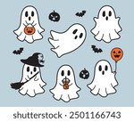 Cute halloween sheet ghosts vector illustration set. Simple ghosts with jack-o-lantern.