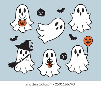 Nettes Halloween-Blatt Geister Vektorgrafik-Set. Einfache Geister mit Bube-o-Laterne.