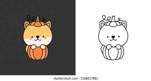 Cute Halloween Shiba Inu Clipart Illustration And Black And White. Funny Clip Art Halloween Dog. Vector Illustration Of A Kawaii Halloween Dog  Inside A Pumpkin.
