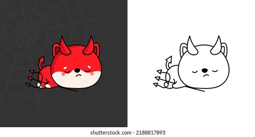 Cute Halloween Shiba Inu Clipart for Coloring Page and Illustration. Happy Clip Art Halloween Dog. Vector Illustration of a Kawaii Halloween Dog in Devil Costume.
