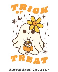 Cute Halloween shy ghost with daisy flower, kawaii Retro floral spooky, Trick or Treat, cartoon doodle outline drawing illustration idea for greeting card, t shirt design and crafts.