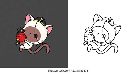 Cute Halloween Siamese Cat Clipart Illustration and Black and White. Funny Halloween Kitty. Cute Vector Illustration of a Kawaii Halloween Animal in a Pirate Costume.
