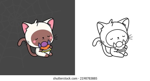 Cute Halloween Siamese Cat Clipart for Coloring Page and Illustration. Happy Halloween Cat. Cute Vector Illustration of a Kawaii Halloween Animal with Sweets.
