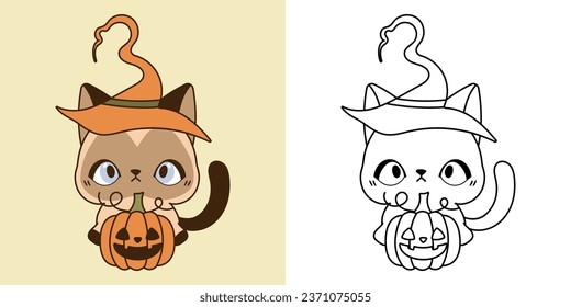 Cute Halloween Siamese Cat Clipart Illustration and Black and White. Kawaii Clip Art Halloween Kitty. Cute Vector Illustration of Halloween Kawaii Animal in Witch Costume. 