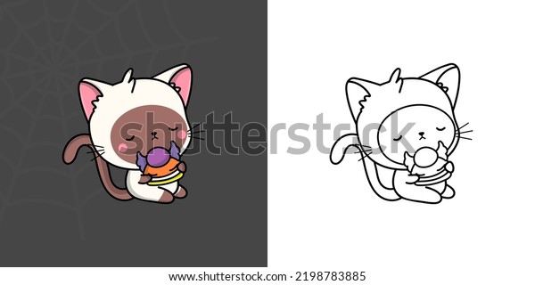 Cute halloween siamese cat clipart para colorear página e ilustración