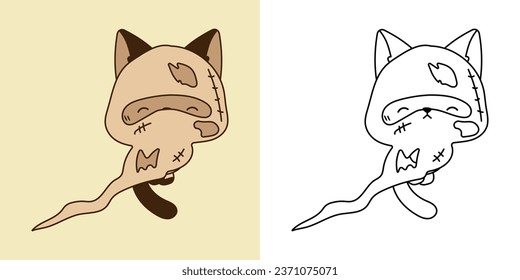 Cute Halloween Siamese Cat Illustration and For Coloring Page. Cartoon Clip Art Halloween Kitty. Cute Vector Illustration of a Kawaii Halloween Animal in a Ghost Costume. 