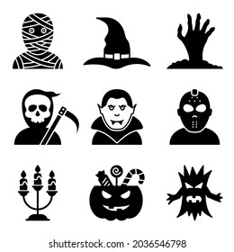 Cute Halloween Silhouette Icon Set. Funny Costume of Dracula, Mummy, Witch, Grim Reaper, Vampire for Halloween Party Glyph Pictogram. Black Scary Halloween Set Icon. Isolated Vector Illustration.