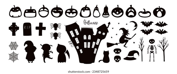 Silhouettes de Halloween aislado, conjunto grande. Calabaza, araña, bruja, tela, cráneo, murciélago, casa embrujada, gato, esqueleto. Ilustración vectorial dibujada a mano. Diseño plano de estilo caricatura. Impresión de vacaciones para niños