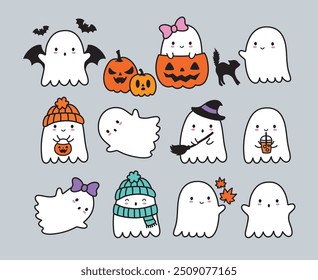 Cute Halloween simple ghost cartoon set with pumpkins, black cat, and bat.