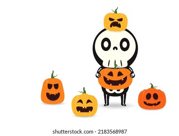 Cute halloween skeleton cartoon. Skeleton in halloween day. Halloween character cartoon. Happy halloween greeting card.  