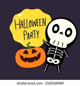 Cute halloween skeleton cartoon. Skeleton in halloween day. Halloween character cartoon. Happy halloween greeting card.  