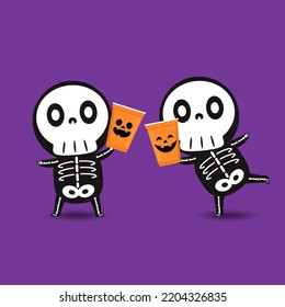 Cute halloween skeleton cartoon. Skeleton in halloween day. Halloween character cartoon. Happy halloween greeting card. 