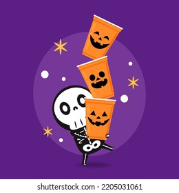 Cute halloween skeleton cartoon. Skeleton in halloween day. Halloween character cartoon. Happy halloween greeting card. Plastic cup vector.