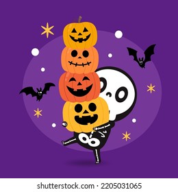 Cute halloween skeleton cartoon. Skeleton in halloween day. Halloween character cartoon. Happy halloween greeting card.