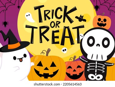 Cute halloween skeleton cartoon. Skeleton in halloween day. Halloween character cartoon. Happy halloween greeting card. 