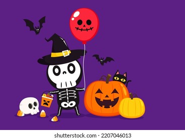 Cute halloween skeleton cartoon. Skeleton in halloween day. Halloween character cartoon. Happy halloween greeting card.