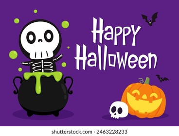 Cute halloween skeleton cartoon. Skeleton in halloween day. Halloween character cartoon. Halloween balloon vector. Banner.