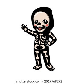 Cute halloween skeleton cartoon waving hand