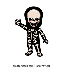 Cute halloween skeleton cartoon waving hand