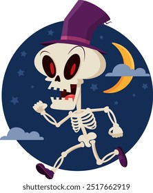 Cute Halloween Skeleton Ghost Cartoon Character Running In The Night. Vector Illustration Flat Design Isolated On Transparent Background