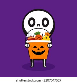 Cute halloween skeleton and pumpkin basket. cartoon. Skeleton in halloween day. Halloween character cartoon. Happy halloween greeting card. 
