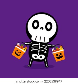 Cute halloween skeleton and pumpkin basket. cartoon. Skeleton in halloween day. Halloween character cartoon. Happy halloween greeting card. 