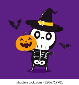 Cute halloween skeleton and pumpkin head. cartoon. Skeleton in halloween day. Halloween character cartoon. Happy halloween greeting card. 