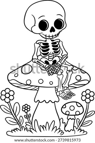 Cute Halloween Skeleton Sitting in Nature Illustration