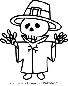 cute halloween skeleton in wizard costume illustration for card website, application, printing, document, poster design, etc.