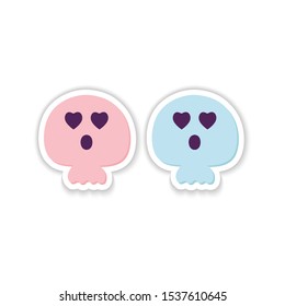 Cute Halloween Skull Sticker flat icon isolated on white. Pink Blue Cartoon Skeleton character. Traditional kids symbol of Helloween and The Day of the Dead in Mexico. Printable. Vector Illustration