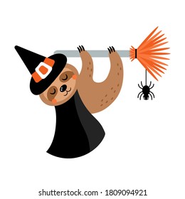 Cute Halloween sloth character in witch costume. Flat style cartoon illustration