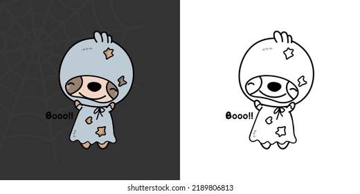 Cute Halloween Sloth Clipart For Coloring Page And Illustration. Happy Clip Art Halloween Animal. Cute Vector Illustration Of A Kawaii Halloween Animals In A Ghost Costume.
